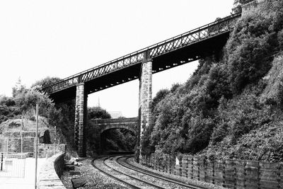 Low angle view of railroad tracks against clear sky