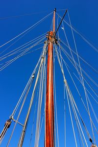 Low angle view of cables of boat against clear blue sky