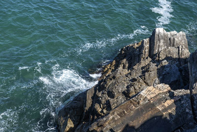 High angle view of rock formation at sea