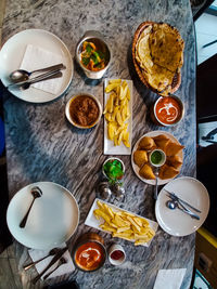 High angle view of indian food on table