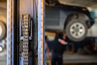 Close-up of chain in garage