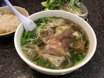 High angle view of soup in bowl on table