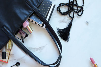 High angle view of book on table