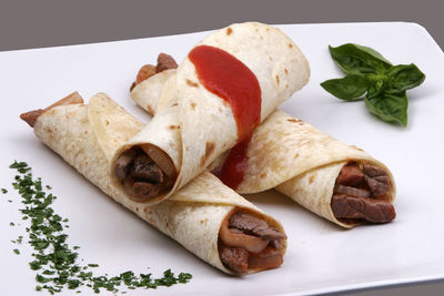 High angle view of food served on plate