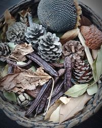 High angle view of dried leaves on table