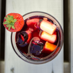 Directly below shot of sangria in glass on table