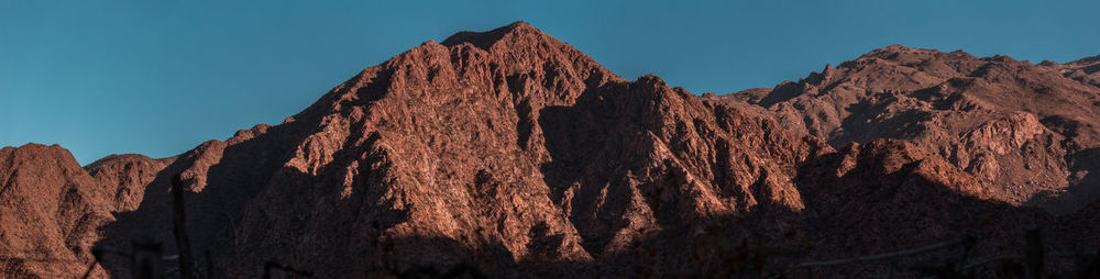 Low angle view of rock formation against clear blue sky