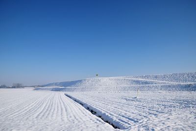 Snow covered land against clear blue sky