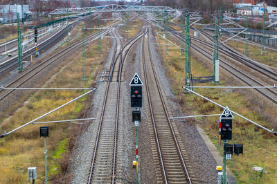 High angle view of empty railroad tracks in city