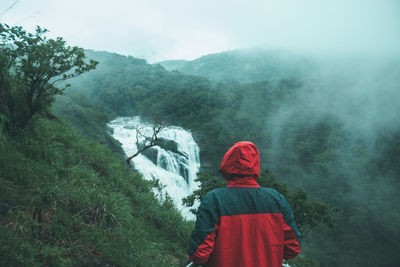 Rear view of man looking at mountains