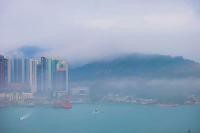 Scenic view of sea by city buildings against sky