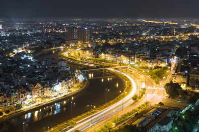 Aerial view of city at night