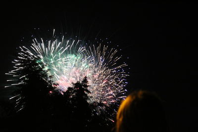 Low angle view of firework display at night