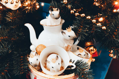 High angle view of illuminated christmas tree with decoration