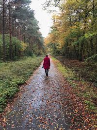 Rear view of woman walking on footpath during autumn