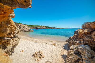 Scenic view of sea against clear blue sky