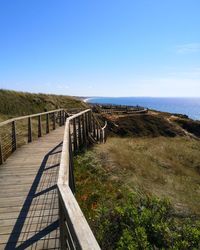 Scenic view of sea against clear blue sky