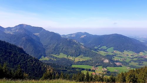 Scenic view of landscape and mountains against sky