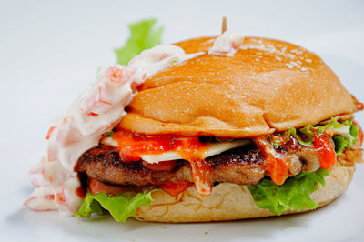 Close-up of burger on table