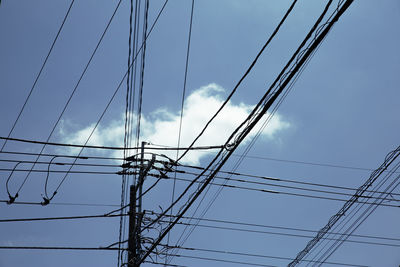 Low angle view of electricity pylon against blue sky