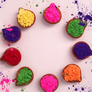 High angle view of multi colored candies on table