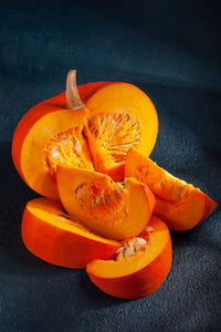 High angle view of orange slices on table