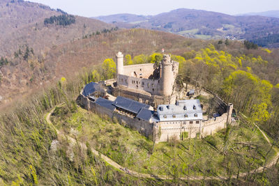 High angle view of castle on mountain