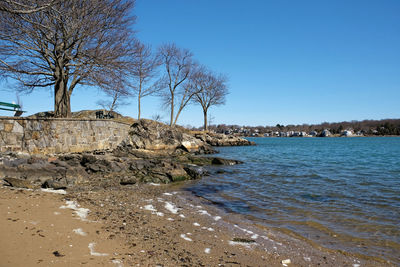 Scenic view of sea against clear blue sky