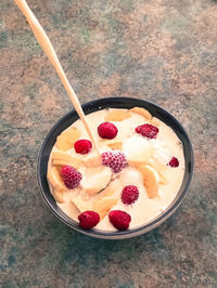 High angle view of breakfast in bowl on floor at home