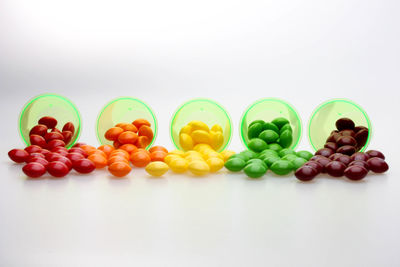 Multi colored candies against white background