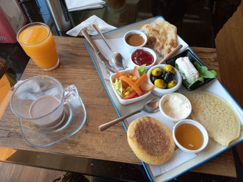 High angle view of breakfast served on table