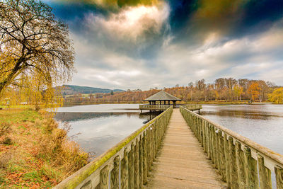 Bridge over lake against sky