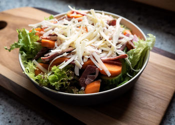 High angle view of salad in bowl on table