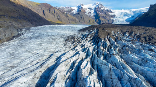 Vatnajokull glacier in iceland, pure blue ice texture at winter season, aerial top view landscape.