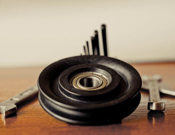 Close-up of camera on table