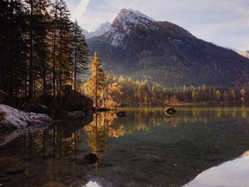 Scenic view of lake by snowcapped mountains against sky