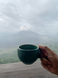 Hand holding tea cup against sky