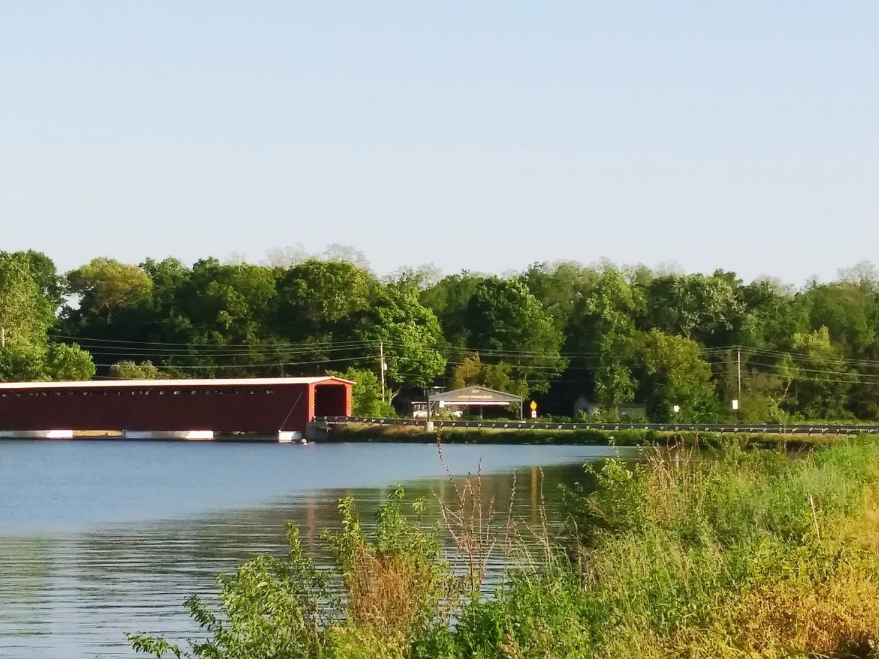 SCENIC VIEW OF LAKE AGAINST TREES AGAINST CLEAR SKY