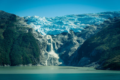 Panoramic view of sea and mountains against clear blue sky