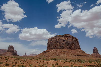 Low angle view of rock formations against cloudy sky