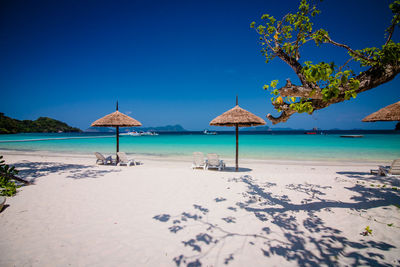 Scenic view of beach against clear blue sky