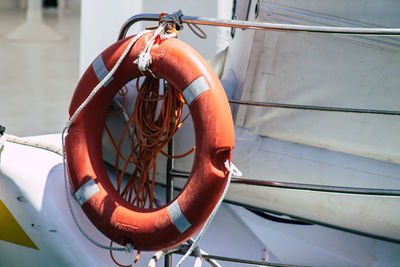 High angle view of rope tied on metal