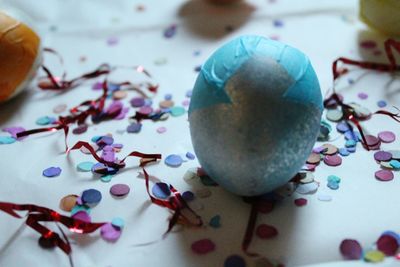 High angle view of eggs on table