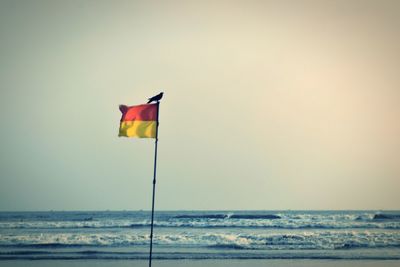 Flag on beach against clear sky