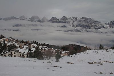 Scenic view of snow covered mountains against sky