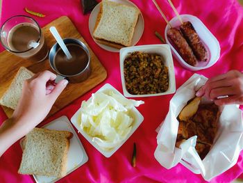 High angle view of breakfast on table