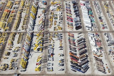 Full frame shot of construction machineries in parking lot