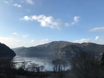 Scenic view of lake and mountains against sky