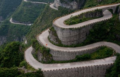 High angle view of road amidst trees