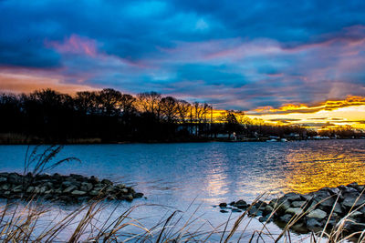 Scenic view of lake against sky at sunset